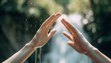Hands of a man and a woman on the background of a waterfallの素材