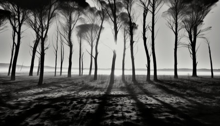 Silhouettes of trees in a foggy forest. 3D renderingの素材