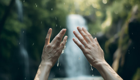 Hands of a man and a waterfall in the background. Focus on hands.の素材