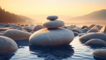 Zen stones in the water at sunrise. 3d render illustration.の素材
