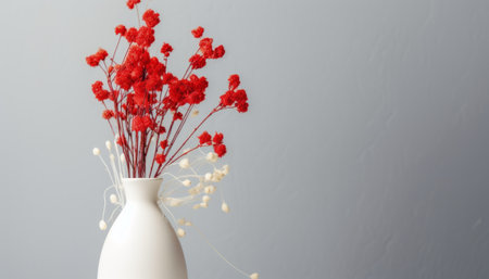 Beautiful red flowers in vase on grey background, copy spaceの素材