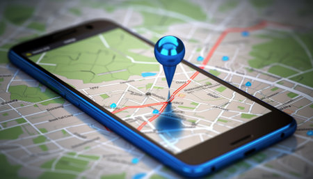 Map on the screen of a smartphone with a blue map pin.の素材