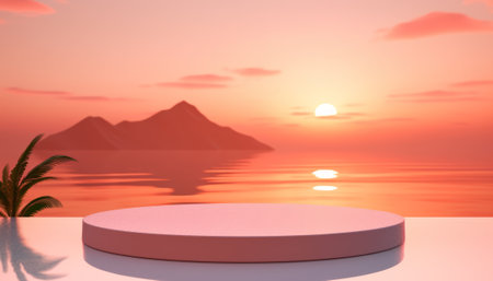 3d render of podium on the background of the sea and mountains.の素材