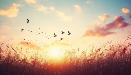 Silhouette of grass field with flying birds at sunset background.の素材