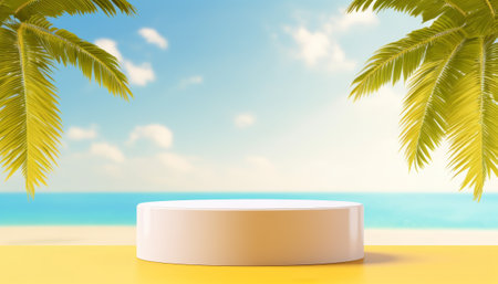 3d render of a white podium on the beach with palm trees.の素材