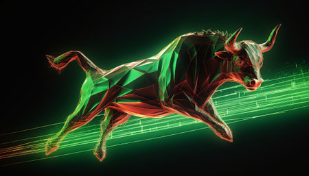 Digital illustration of Bull in abstract background. 3D rendering. Futuristic animal.の素材