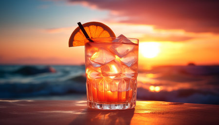 Alcoholic cocktail on the beach at sunset. Selective focus.の素材