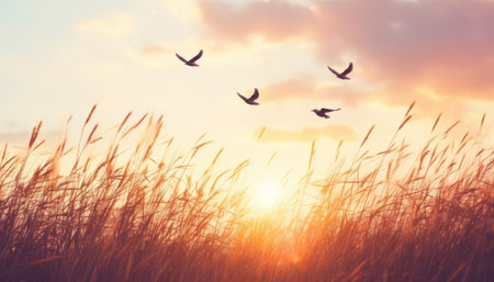 Silhouette of grass and flying birds on sunset sky background.の素材