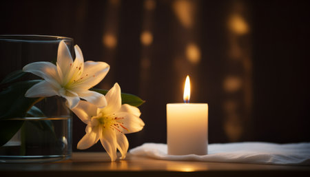 Candle and white lilies in a glass vase on a dark backgroundの素材