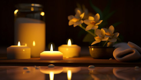 Spa still life with candles, towel and flowers on wooden backgroundの素材