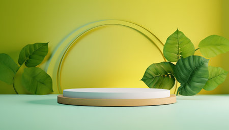 Minimalist background with round podium and tropical leaves. 3d renderの素材