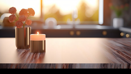 Burning candle on a wooden table. 3d rendering mock upの素材