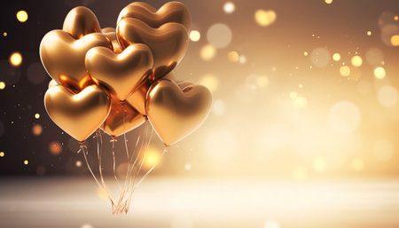 Valentines day background with golden heart shaped balloons. 3D Renderingの素材