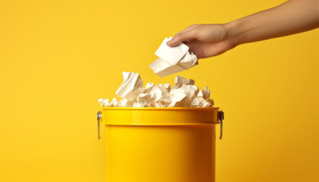 Female hand throwing paper into trash can on yellow background, closeupの素材