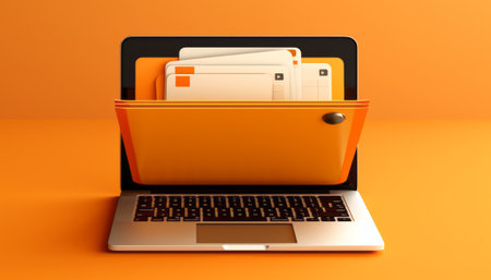Laptop with folders on the orange background. 3d illustration.の素材