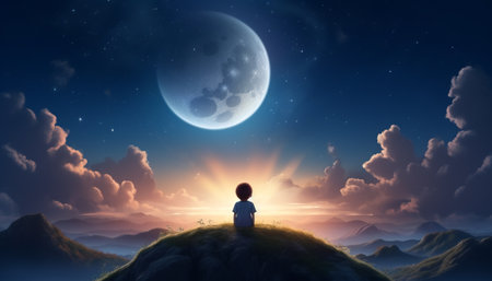 Little boy sitting on a hill and looking at the moon in the skyの素材