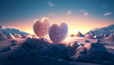 Two hearts in the desert. Valentines day concept. 3D Renderingの素材