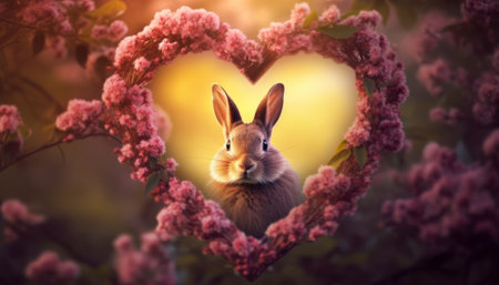 Rabbit in the heart of pink flowers. Valentine's Day.の素材