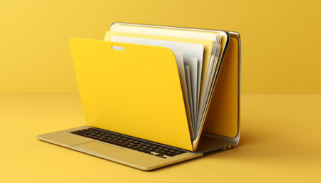 Laptop with yellow folder on yellow background. 3D rendering.の素材