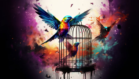 Colorful parrots in a birdcage on a grunge backgroundの素材