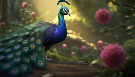 Peacock with colorful feathers in the garden,3d renderの素材