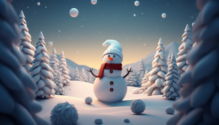 Snowman in the winter forest. 3D illustration. Christmas background.の素材