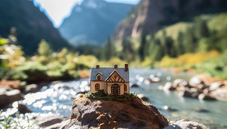 Miniature house on a rock by a mountain river. Mortgage concept.の素材