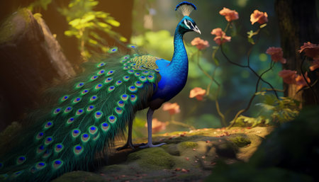 Beautiful peacock with colorful feathers in the forest. Beautiful peacock.の素材