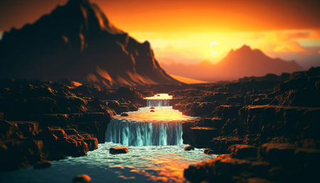 Fantasy alien planet. Mountain and lake. 3D illustration.の素材