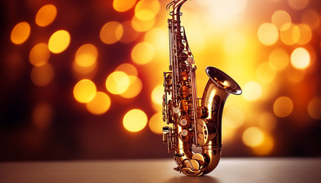 Saxophone on bokeh background with copy space. Musical instrument.の素材