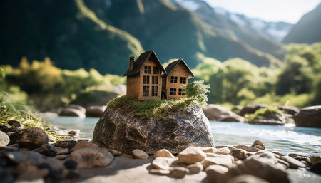 Miniature house on a rock in the river with mountains in the backgroundの素材