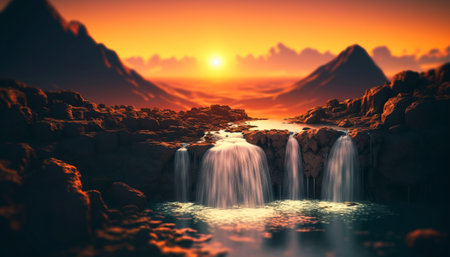 Fantasy alien planet. Mountain and waterfall. 3D illustration.の素材