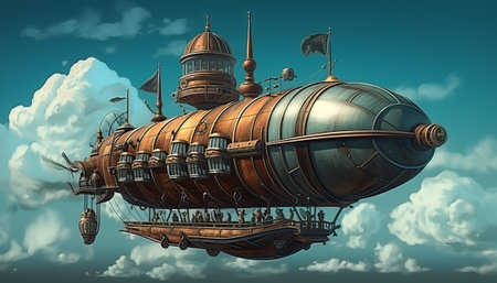 Airship in the blue sky with clouds. 3d illustration.の素材