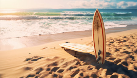 Surfboard on the beach at sunset. Surfing concept.の素材