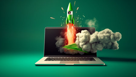 Rocket coming out of a laptop screen. 3d rendering illustration.の素材