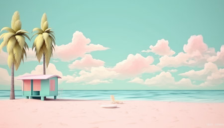 Beach hut with palm trees on the sandy beach. 3d renderの素材