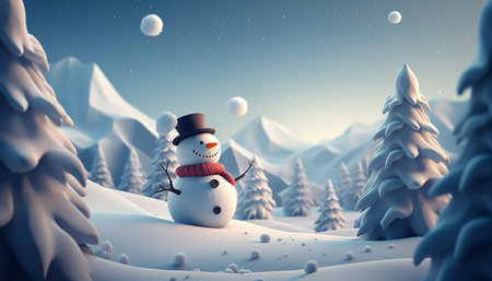 Snowman in winter forest. 3d illustration. Christmas background.の素材