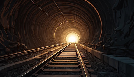 Railway tunnel with light at end, 3d render illustration.の素材