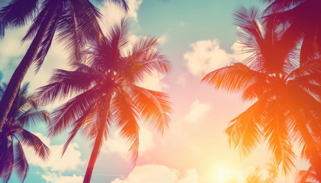 Coconut palm trees on blue sky background. Vintage tone.の素材