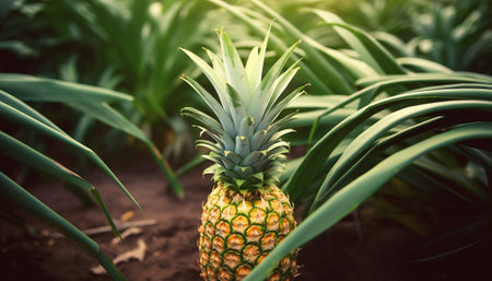 Pineapple growing in the garden. Concept of summer and healthy food.の素材