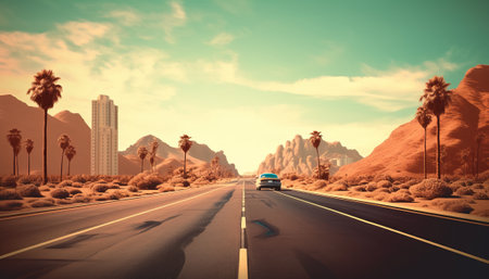 Highway in the desert with palm trees and mountains. 3d renderingの素材