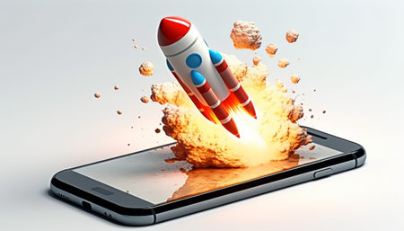 Rocket flying out of a mobile phone. 3D rendering illustration.の素材