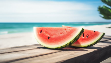 Watermelon slices on a wooden table with sea and sky background.の素材