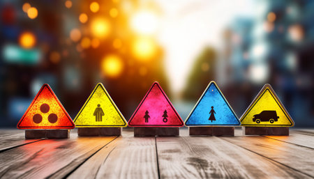 Traffic signs on a wooden table with blurred city background. 3d renderingの素材