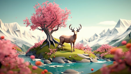 Mountain landscape with deer and cherry tree. 3D illustration.の素材