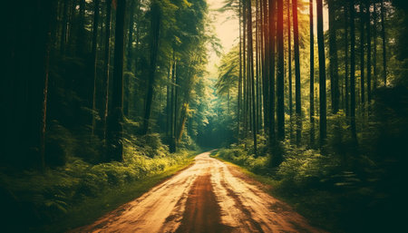 Road in the forest at sunset. Nature background. Vintage style.の素材