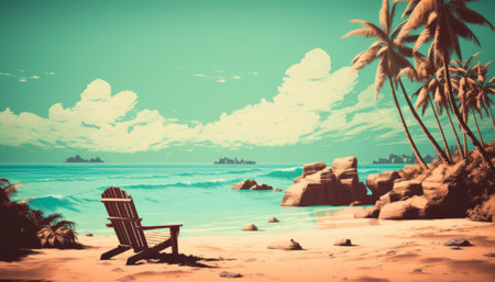Tropical beach with palm trees and chair, vintage tonedの素材