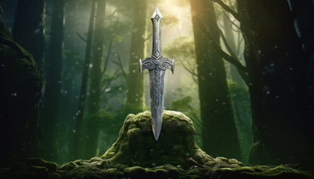 Medieval knight's sword in the forest. 3d rendering.の素材
