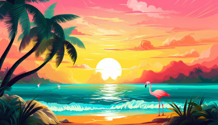 Flamingo on a tropical island at sunset. Vector illustration.の素材