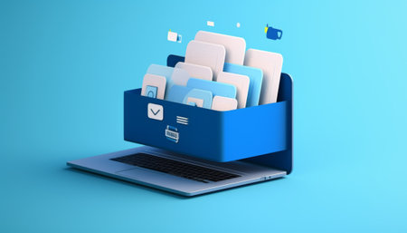 Laptop with folder on blue background. 3d render illustration.の素材
